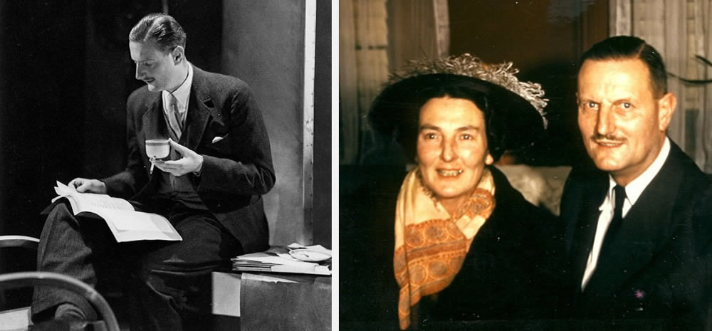 Sir Tyrone Guthrie as a young man reading, on left, and on the right Judith and Tyrone Guthrie in later years.